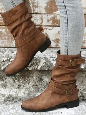 Women's Fashionable Solid Color Buckle Decorated Boots, Casual Comfortable Mid-calf Shoes for Daily Wear, Fashionable Boots...