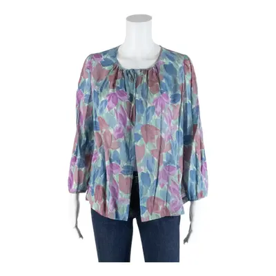 Tie-Neck Open Blouse Blue 90s Floral Long Sleeve Womens M