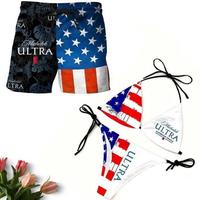 Matching Michelob Ultra 2 Swimwear Set for Couples – Swim Bra & Tie Side Thong Bikini + Men's Beach Shorts, Summer Vacation...