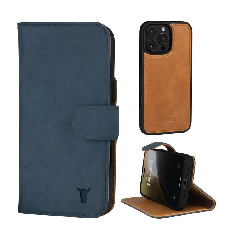 Apple iPhone 16 Pro Max 2-in-1 Leather Wallet Case (with Detachable Cover & MagSafe Charging) - Nubuck / Blue