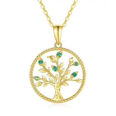 14K Gold Cubic Zirconia Tree Of Life Pendant Necklace