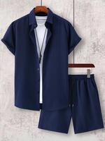 Men's Regular Fit Striped Print Short Sleeve Shirt & Pocket Shorts Two-piece Set without Tee & Necklace, Casual Summer Outfit...