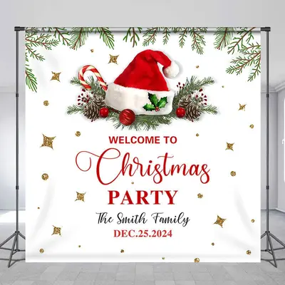 Custom Name Red Xmas Hat Party Christmas Backdrop - Aperturee