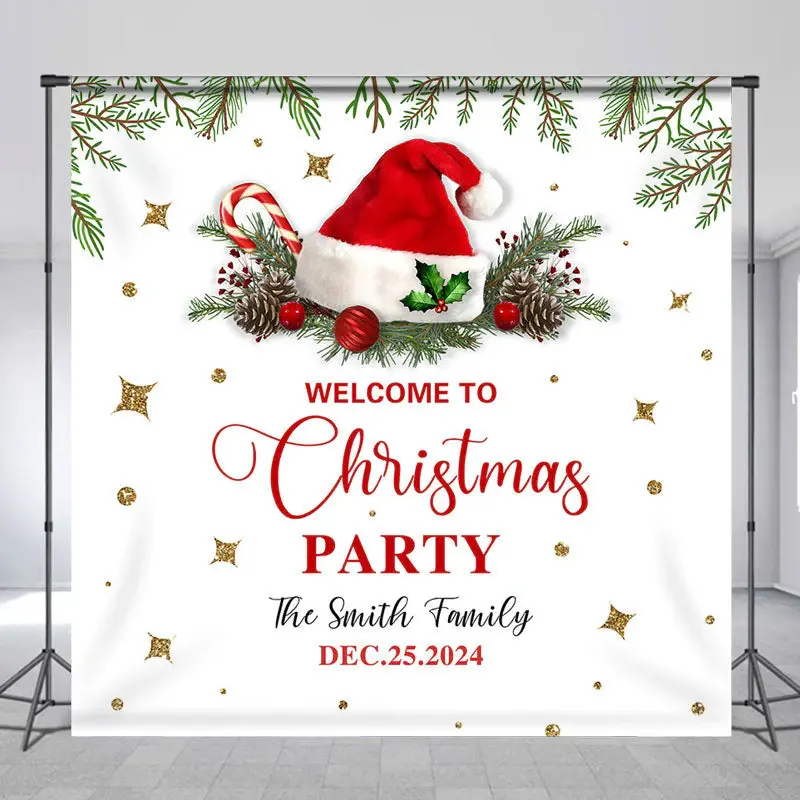 Custom Name Red Xmas Hat Party Christmas Backdrop - Aperturee
