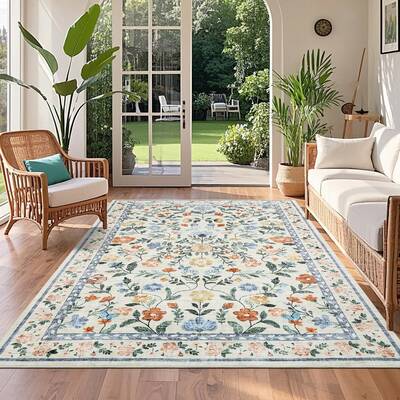 Garvee Floral 5x7 Green Washable Rug Non-Slip Non-Shedding Soft Vintage Throw Rug, Low Pile Farmhouse Floral Carpet, Non-Shed...