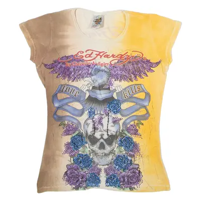 ED HARDY Womens T-Shirt Yellow Crew Neck S