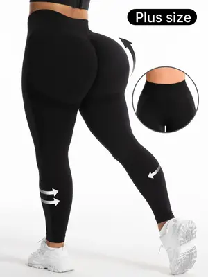 Plus Size Solid High Waist Sports Tummy Control Leggings, Tight-fitting Comfy Breathable Seamless Skinny Pants for Yoga Gym W...