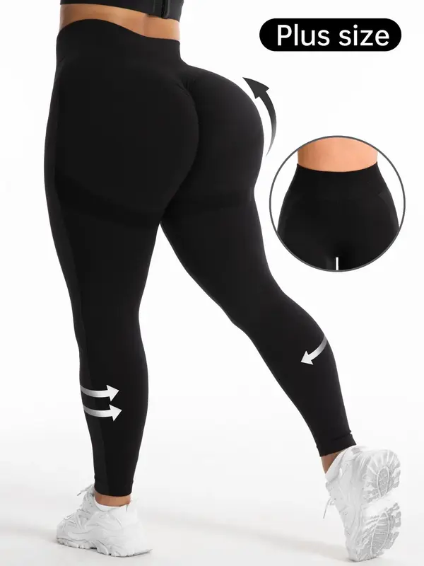 Plus Size Solid High Waist Sports Tummy Control Leggings, Tight-fitting Comfy Breathable Seamless Skinny Pants for Yoga Gym W...