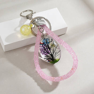 Oval Shape Tree of Life Dried Flower & Glass Keychain