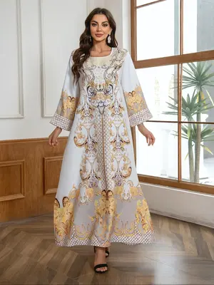 Muslim Autumn Winter Elegant Vintage Print Beaded Sequined Flounce Sleeve Long Dress Abaya, Loose Fit Woven Fabric, All Seaso...