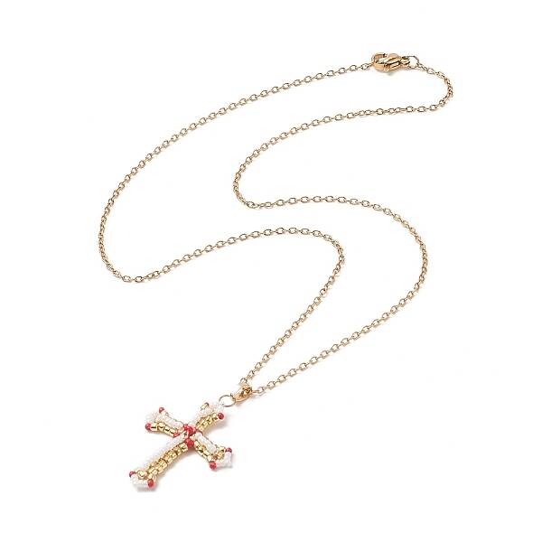 Japanese Seed Beaded Cross Pendant Necklace