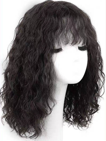[14 Inch] UNice Machine-Made & Hand-Made Natural Black Curly Bob Wig With Bangs