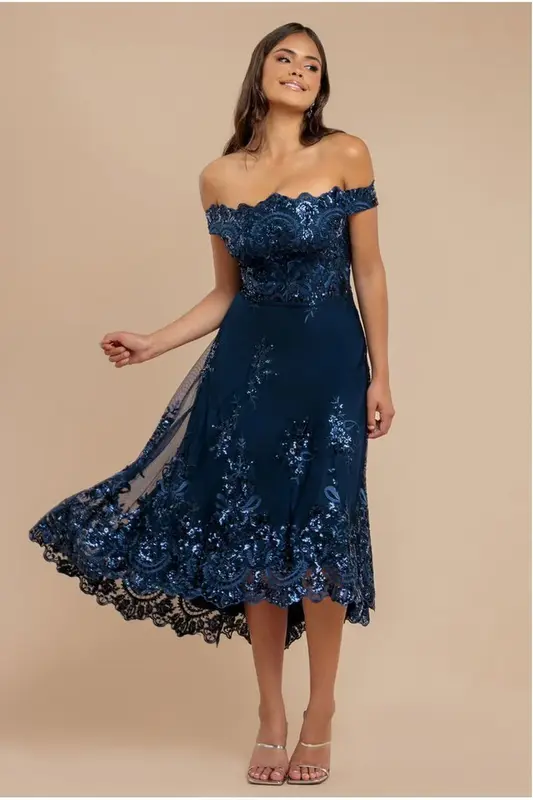 Goddiva Bardot Sequin & Lace High Low Midi - Navy