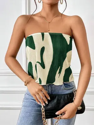 Women's Graphic Print Pleated Tube Top, Elegant Fashion Casual Sleeveless Top for Daily Outdoor Wear, Ladies Clothes for All ...