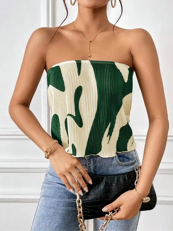 Women's Graphic Print Pleated Tube Top, Elegant Fashion Casual Sleeveless Top for Daily Outdoor Wear, Ladies Clothes for All ...