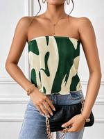 Women's Graphic Print Pleated Tube Top, Elegant Chic Fashion Casual Strapless Sleeveless Top for Daily Outdoor Wear, Summer O...