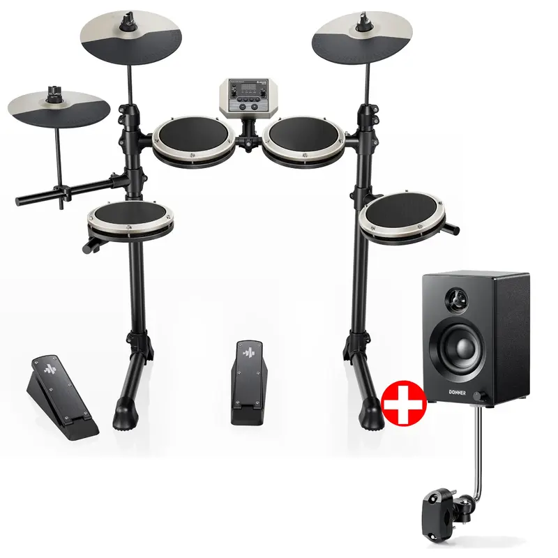 Donner DED-80 Beginner Electronic Drum Kit - White / Drum + DDA-20SE Speaker