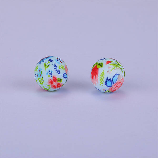 Printed Round with Flower Pattern Silicone Focal Beads