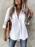 【Plus Size】Plain Pocket Button Front High Low Hem Shirt Blouse, Casual Drop Shoulder Roll Up Sleeve Shirt for Summer, ...