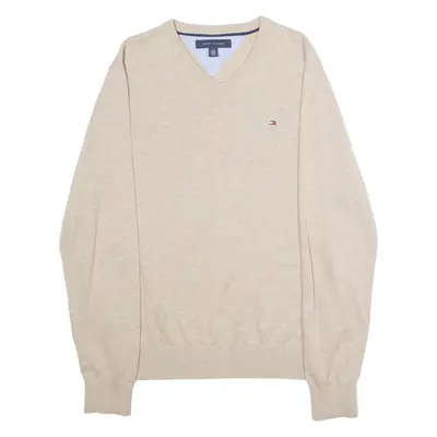 TOMMY HILFIGER Mens Jumper Beige V-Neck Tight Knit M