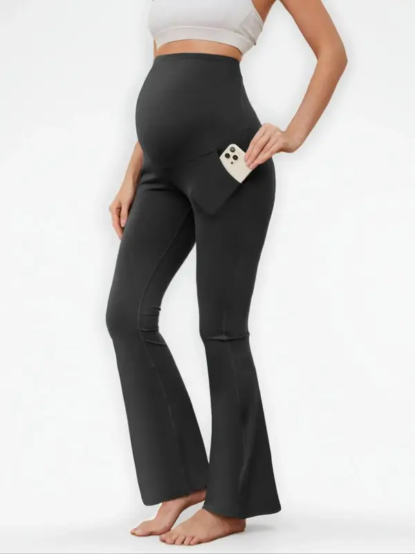 Maternity Solid Pocket Flare Leg Pants, Casual Comfy Breathable Bell Bottom Trousers for Pregnancy Women Yoga Gym Workout, ...