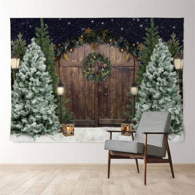Aperturee Brown Wood Door Pinetree Snowy Eve Winter Backdrop