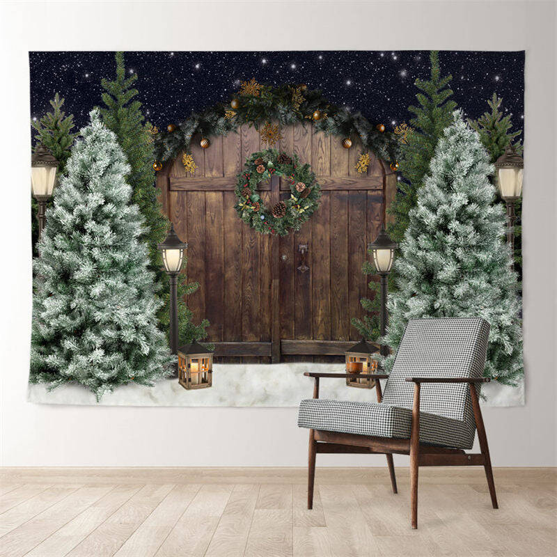Aperturee Brown Wood Door Pinetree Snowy Eve Winter Backdrop