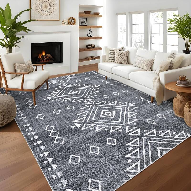 Garvee Modern Geometric Area Rug 6x9 Washable Non Slip Floor Carpet Distressed Gray Rug, Low Pile Non Shedding Rug, Soft Thin...