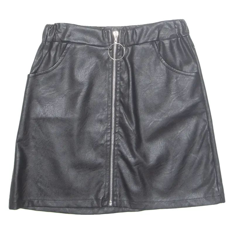 Front Zip Womens A-Line Skirt Black Short Leather S