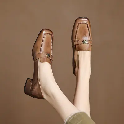 CHIKO Beary Square Toe Block Heels Loafers Shoes