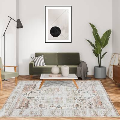 Garvee Oriental Taupe 10x13 Washable Rugs Living Room Rug Non Slip Vintage Rug Stain-Resistant Indoor Carpet Low Pile Distres...