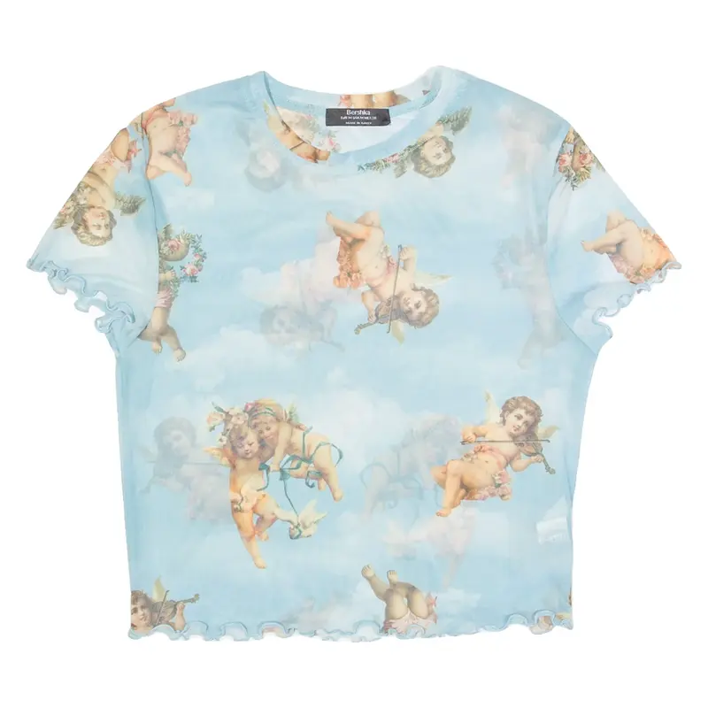 BERSHKA Angel Design Mesh Womens Printed Top Blue M
