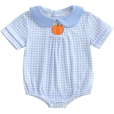 Infant Baby Boy Girl Halloween Outfit Pumpkin Embroidery Plaid Doll Collar Short Sleeve Bubble Romper Fall Onesie Bodysuit