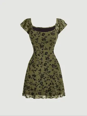 Women's All Over Floral Print Lettuce Trim Square Neck A Line Dress, Y2k Casual Cap Sleeve Short Dress for Daily Wear, Ladies...