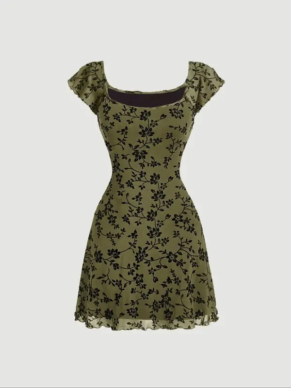 Women's All Over Floral Print Lettuce Trim Square Neck A Line Dress, Y2k Casual Cap Sleeve Short Dress for Daily Wear, Ladies...
