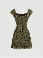 Women's All Over Floral Print Lettuce Trim Square Neck A Line Dress, Y2k Casual Cap Sleeve Short Dress for Summer Daily Wear,...