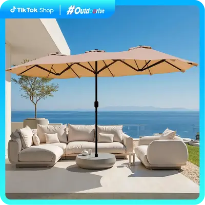 Walsunny 15 ft Large Patio Umbrella with Base Include,Double Sided Outdoor Rectangular Patio Umbrella with Crank Handle for P...