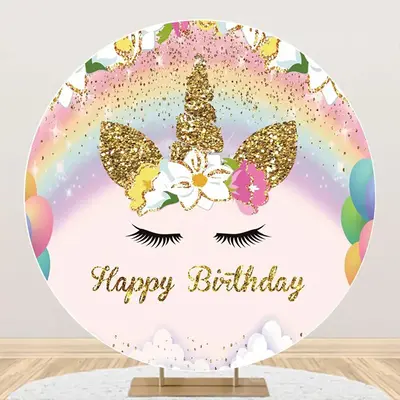 Gold Rainbow Unicorn Round Happy Birthday Backdrop - Aperturee
