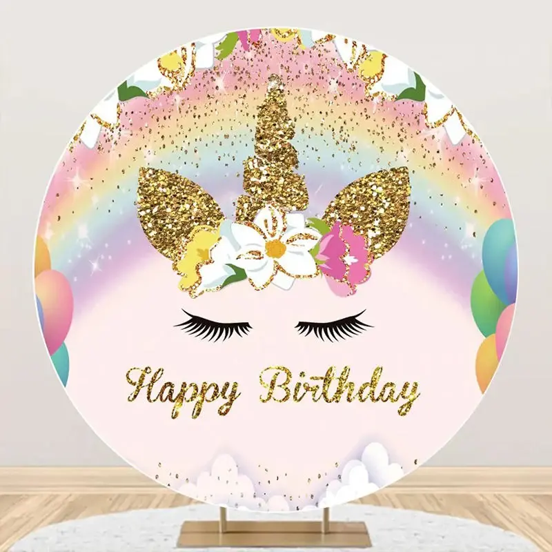 Gold Rainbow Unicorn Round Happy Birthday Backdrop - Aperturee