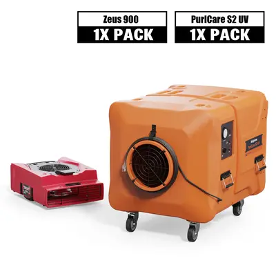 Alorair Sanitization & Disinfection Combo Pack, 1 X Zeus 900 Air Mover, 1 X PuriCare S2 UV Air Scrubber - Red