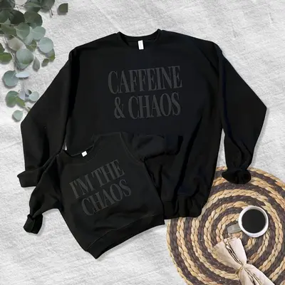 Caffeine and Chaos Mom and Mini Black Crewneck Sweatshirt