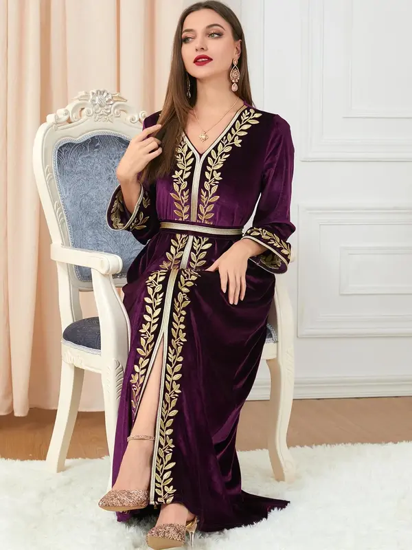 Women's Leaf Embroidery Belted Velvet Kaftan Dress, Elegant Long Sleeve V Neck Split Maxi Dress, Women's Islamic Clothing for...