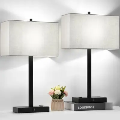 21 Set of 2  Touch Control Table Lamps with 2 USB & AC Outlets, 3-Way Dimmable Modern Nightstand Lamps for Bedroom Living R...