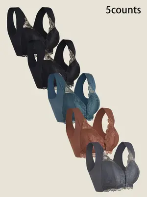 Women's Contrast Lace Hook & Eye Buckle Wireless Bra, 2024 New Style Soft Comfortable Breathable Bra, Women's Lingerie for Al...