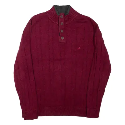 NAUTICA Mens Heavy Knit Jumper Red Button Neck Chunky Knit L
