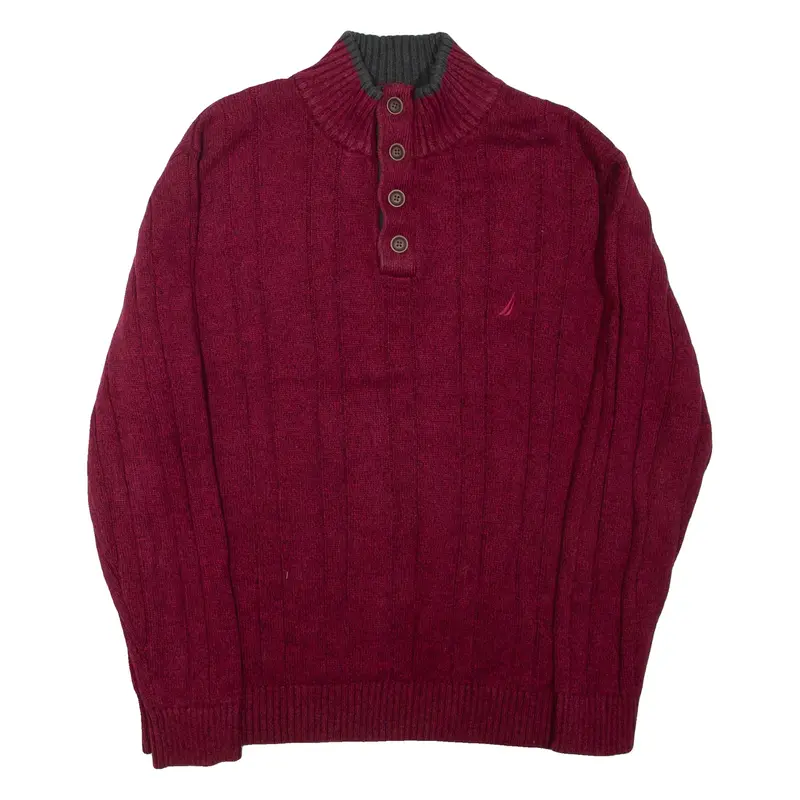 NAUTICA Mens Heavy Knit Jumper Red Button Neck Chunky Knit L
