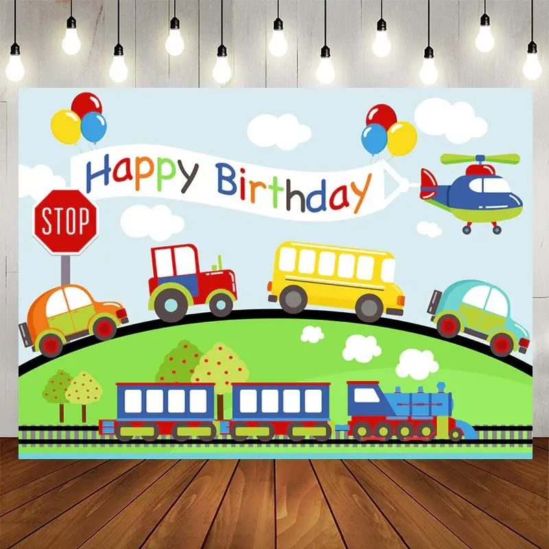 Aperturee Car Plane Train On The Way Happy Birthday Backdrop