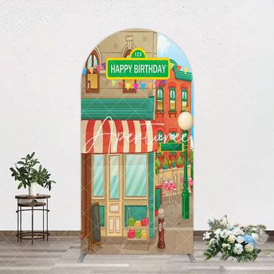 Aperturee Colorful Old Town Street Happy Birthday Arch Backdrop, 1.6X4FT(0.5X1.2M), 38.18 USD, arch backdrop kit, GHJ07061-A