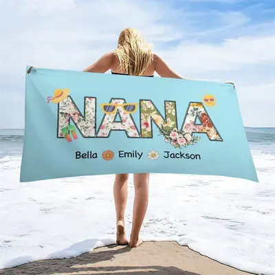 Sky Blue Nana Custom Beach Towel with Kids Name - Aperturee