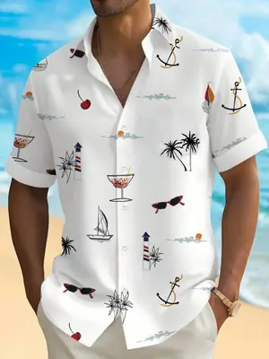 Men's Tropical Print Short Sleeve Shirt, Regular Fit Casual Comfy Top for Summer, Men's Clothes for Beach Vacation, Menswear...